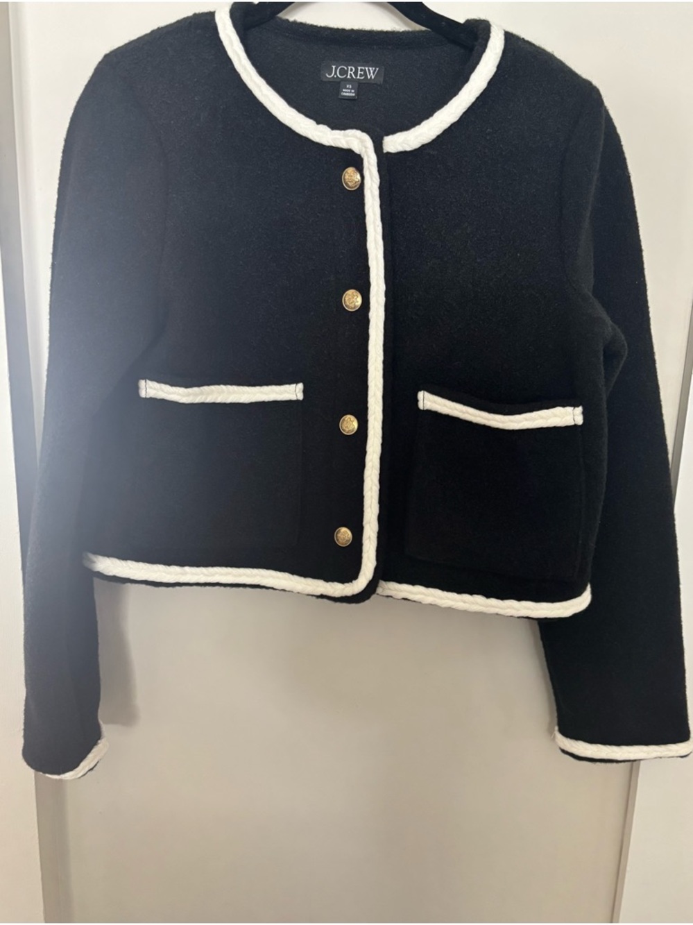 J.Crew Black Cropped Bouclé Yarn Lady Jacket with White Trim NWOT